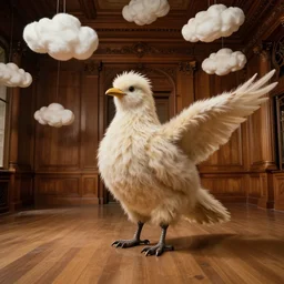 realistic photo portrait of the person slowly morphing into a bird, hairy fur fluffy, in the spacious wooden polished and fancy expensive wooden room interior with many cloud sculptures 1 9 9 0, life magazine reportage photo