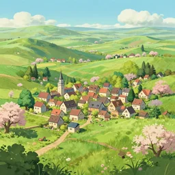 a beautiful landscape of a tiny futuristic village in the french countryside during spring season, painting by studio ghibli hd and albert bierstadt hd and vector illustration touch, nice spring afternoon lighting, smooth tiny details, soft and clear shadows, low contrast, perfect