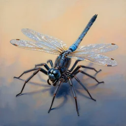 painting of hybrid between dragonfly & spider, intercrossed animal, by zdzislaw beksinski, by lewis jones, by mattias adolfsson, cold hue's, warm tone gradient background, concept art, beautiful composition, digital painting