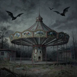 an abandoned amusement park which is haunted, painting by shaun tan, twilight, bats are beginning to take flight, very high detail,