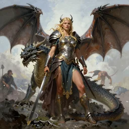 A full length portrait of a very beautiful blonde slavic berserker woman posing with a dragon, by Frank Frazetta, Greg Rutkowski, Boris Vallejo, epic fantasy character art, goddess of war, Exquisite detail, post-processing, low angle, masterpiece, cinematic