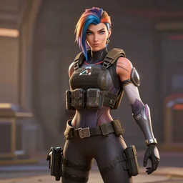 A photo of Pharah from Overwatch wearing tactical swat gear. Cinematic lighting, cinematic pose, 8k, detailed