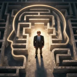 A suited man standing in the middle of a maze in the outlined shape of a head, overhead shot, realistic, stylistic