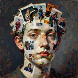 a head-shaped chaotic collage made out of fragments of printed images taken from the internet, fashion magazines, and family photographs all coming together to form a hybrid face shape with twisted features in the Dadaesque style, mixed media