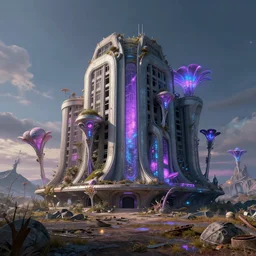 a beautiful photorealistic render of urbex building architecture abandoned nature tundra by arne jacobsen, futuristic alien flowers tron synthwave studio ghibli apocalyptic universe neon noir, archdaily, wallpaper, highly detailed, trending on artstation.