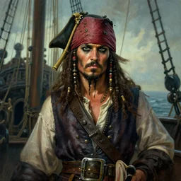 portrait of a rugged pirate on the deck of a ship, fantasy, highly detailed, cinematic lighting, digital art painting by greg rutkowski