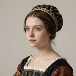 portrait of young woman in renaissance dress and renaissance headdress, art by moebius