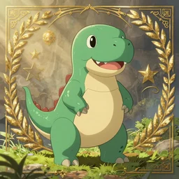 a green anthropomorphic dinosaur in the style of studio ghibli, adorable and whimsical, digital illustration, ornate detail