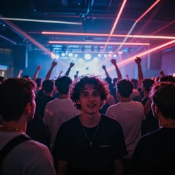 view is inside a friend group partying at a concert, everyone is facing the camera in the back are neon lines, surrealism
