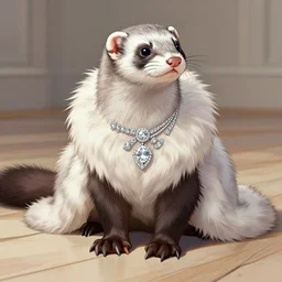 detailed illustration : ferret character : wearing diamonds : wearing a stravagant fur dress : wearing stiletto : head torso legs feet : behance artstation : floor