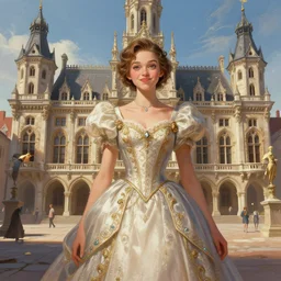 sasha luss, mayors daughter, smart, clever, cheeky, elegant fantasy dress, town hall, intricate, highly detailed, digital painting, artstation, concept art, smooth, sharp focus, illustration, Unreal Engine 5, 8K, art by artgerm and greg rutkowski and alphonse mucha, by Jesper Ejsing