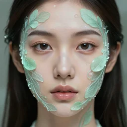 intricate highly detailed face portrait of asian - european woman, light mint transparent water vines on her face, intricate, cgsociety, unreal engine, octane render, sharp focus, smooth, volumetric lighting, cinematic composition, artstation