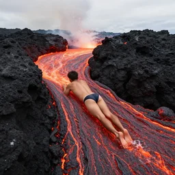man in a swimsuit blending with flowing lava on a volcano with magma eruptions