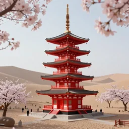 lonely pagoda in a desert city, detailed, jewelry, sakura, photograph, award wining, red and white, trending on artstation, punk attitude, 4 k, neon highlights