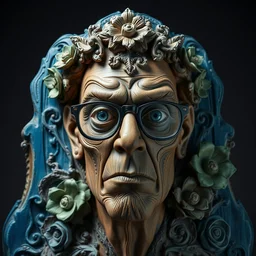 award winning photo of wooden statue of todd solondz carved into a blue green mystic matter, intricate baroque style, glasses, clear todd solondz face,, floral, evil cult, mysticism, vivid colors, weird and disturbing, symmetrical face, beautiful eyes, studio lighting, wide shot art by sally mann & arnold newman