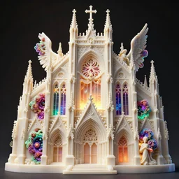 hyperrealistic 3 d render of a delicate ivory sculpture of an ornate detailed cathedral populated by mandelbrot fractals by android jones, micro detail, unreal engine, volumetric lighting, dramatic lighting, psychedelic, octane renderer, catholicpunk, glowing, white color scheme, photorealistic, physically based rendering, angelic, hyper detailed, colorful, carved soap, trending on cgsociety