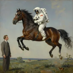 horse levitates over an astronaut, hauntingly surreal, highly detailed painting by francis bacon, edward hopper, adrian ghenie, gerhard richter, and james jean soft light 4 k,