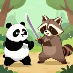 Cartoon Raccoon having a sword fight over being called trash panda