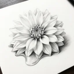 highly detailed sketch of a melting white dahlia, drawn on paper, realistic lighting, monochrome