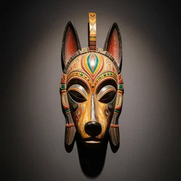 a colorful wooden African mask of a dog, wall decoration, handmade, tactile, detailed, orientalist, indoor dim light, spotlight, 4K photo