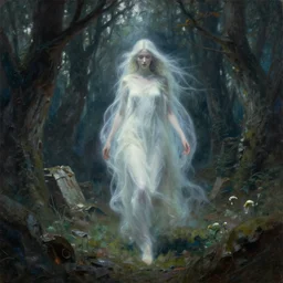 ghostly woman walking in an ancient forest, oil painting, ruins, fantasy art, dynamic lighting, artstation, mucha, volumetric lighting