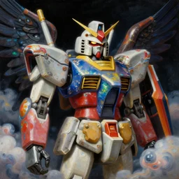 a baroque neoclassicist renaissance close - up portrait of a colorful iridescent whimsical 1 8 0 0 s japanese mecha gundam hawk eagle falcon bird with big glowing eyes. reflective detailed textures. puffy clouds, dark black background. highly detailed fantasy science fic tion painting by moebius, norman rockwell, frank frazetta, and syd mead. rich colors, high contrast. artstation