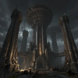 ancient ruined brutialist megastructures, partially operational, james gurney, peder severin kroyer, unreal engine, detailed, nighttime.
