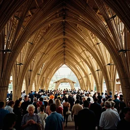 inside small pavilion made of bamboo. complex curved vaulting structure. a large crowd at a party. architectural photography. ezra stoller, 4 k, 8 k. volumetric lighting.