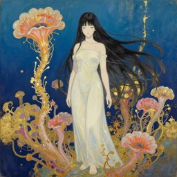 the lone priestess of the anemone reef. this gouache and gold leaf work by the award - winning mangaka has beautiful color contrasts.