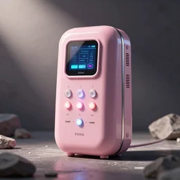 a high fidelity anthropomorphic object of unknown origin. pastel pink, chrome, led, buttons, switches, display.