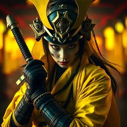 female samurai, defiant, cyberpunk, vibrant yellow colors, surreal, french baroque style by alexander mcqueen, hyper detailed, cinematic, photograph leica 1 9 7 0 photography