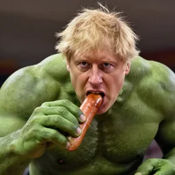 boris johnson as the hulk eating a big sausage, focused shot, realistic, octane render