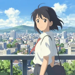 cityscape, makoto shinkai style, anime, pixiv fanbox, sunny, blue skies