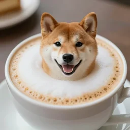 close up photo of a cup of coffee with a lot of foam, a shiba inu inside the cup, tasty. food photography, photorealistic, beautiful, bokeh, 4 k.