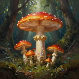 painting of magic mushrooms , mysterious forest, beautiful lighting, god rays, fantasy art, matte painting