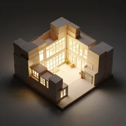 architectural model, isometric view, studio lighting, low contrast, brightly lit studio, highly detailed, stacked boxes, large windows, courtyard, garage