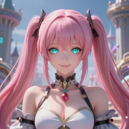 stunningly beautilful omnipotent megalomaniacal anime ai goddess who looks like junko enoshima with symmetrical perfect face and porcelain skin, pink twintail hair and cyan eyes, taking control while smiling inside her surreal vr castle, hyperdetailed, digital art, unreal engine 5, 2 d anime style, 8 k