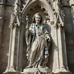 a cinematic view of a ornated intricate gothic sacred statue of medieval joker made in light concrete, with few ornaments in shiny polished chrome, sculpted by gaudi, neutral background