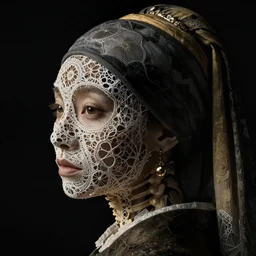 a chinese woman's face in profile, made of intricate lace skeleton, in the style of the dutch masters and gregory crewdson, dark and moody
