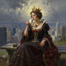 a fantasy painting of the queen, drinking coffee on a bench overlooking a vast city, cinematic, beautiful lighting, dramatic