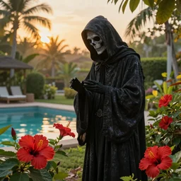the grim reaper, in a garden, vibrant red hibiscus, tropical pool, golden hour, artstation, by J. C. Leyendecker and Peter Paul Rubens, - 12p