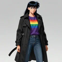 a female humanoid godzilla dressed in a black trench coat, rainbow t - shirt, and jeans in the style of akira toriyama in the style of jean giraud trending on artstation deviantart pinterest furaffinity detailed realistic hd 8 k high resolution