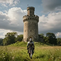 a knight goes towards an old tower in a meadow with majestic clouds and trees, rendered with octane ,  cinematic lighting, hdri, 8k