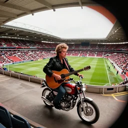 bob dylan riding a motorcycle and playing his guitar in the fulham football club stadium, contrast, kim jung gi, greg rutkowski, zabrocki, karlkka, jayison devadas, trending on artstation, 8 k, ultra wide angle, zenith view, pincushion lens effect