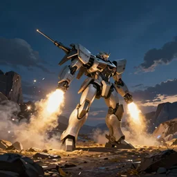 armored core v by liam wong, booster flares, laser rifle, smoke, little sparks, karst landscape, outdoor, dark blue sky, clouds, wilderness ground, golden time, twilight ; wide shot, digital painting, photoreal, cinematic contrast, dynamic backlighting, sharp edge, motion blur