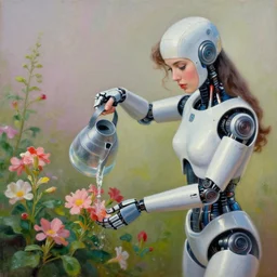 a woman cyborg watering flowers, airbrush oil painting, 1 9 8 0 s digital scan