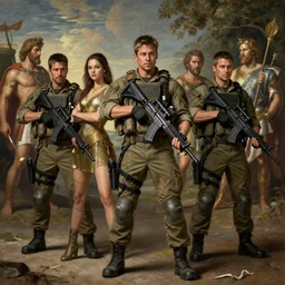 a special operations members jessica alba zendaya brad pitt and colin farrell in battle together, covert military pants, military boots, greek mythology, oil reinassance painting by cornelis van poelenburgh and dosso dossi, ultra detailed, concept art, 8 k what