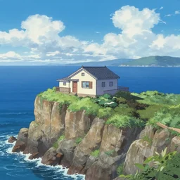 a house on a cliff by the ocean by goro fujita