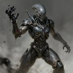 portrait of a cyborg with alien armor holding black sludge, action pose, concept art, digital painting, trending on artstation, deviantart, epic composition, extremely detailed, ambient lighting, masterpiece, sharp focus, octane render