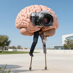 camera inside brain looking out walking on stilts, absurdist real - life comic by zaha hadid